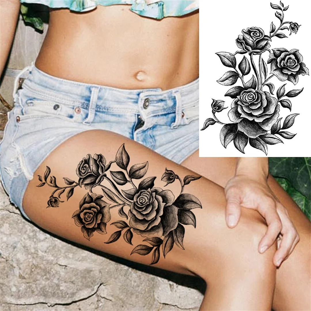 Flower Skull Temporary Tattoos For Women Men Adults Evil Skeleton Tattoo Sticker Fake Lavender Big Rose Black Tatoos Body Thigh