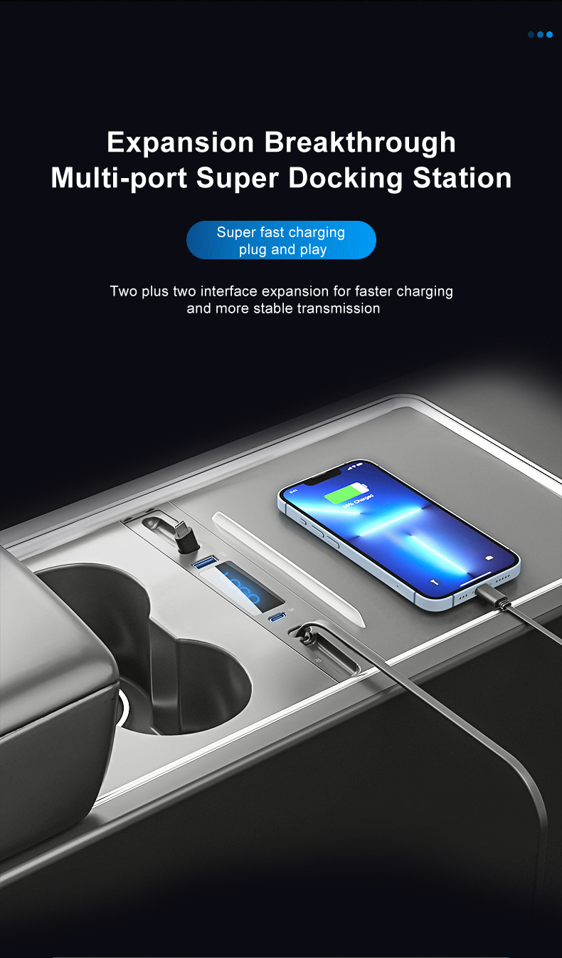for Tesla Model 3 Model Y Intelligent Docking Station Center Console Slide  Cover dustproof USB Hub with PD Fast Charge Port and Automatic LED Ambient
