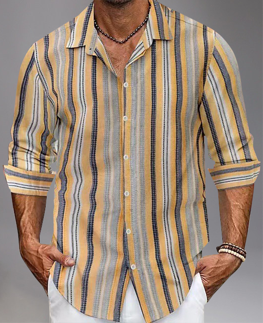 Casual Contrast Stripes Print Single Breasted Linen Shirt