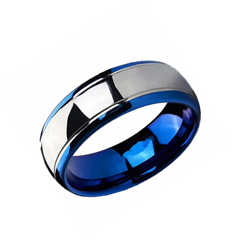 6MM 8MM 10MM Couples Blue and Silver Dome Gunmetal Tungsten Carbide Rings