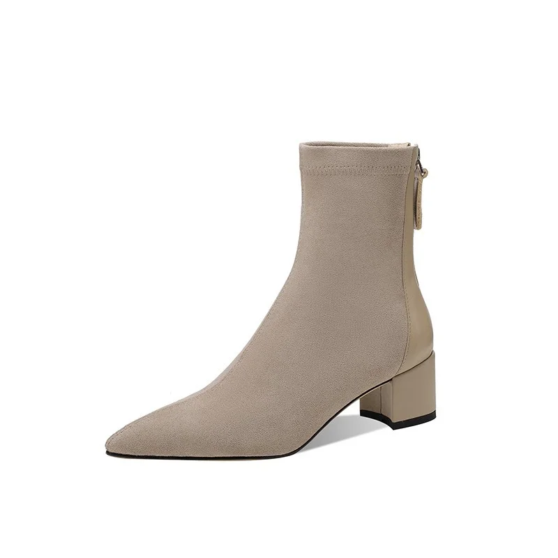 Breakj Breakj Short Boots Women's Autumn / Winter 2023 New Thick Heel Pointed Suede Stitching Boots Women's Middle Heel Soft Skin Thin Boots