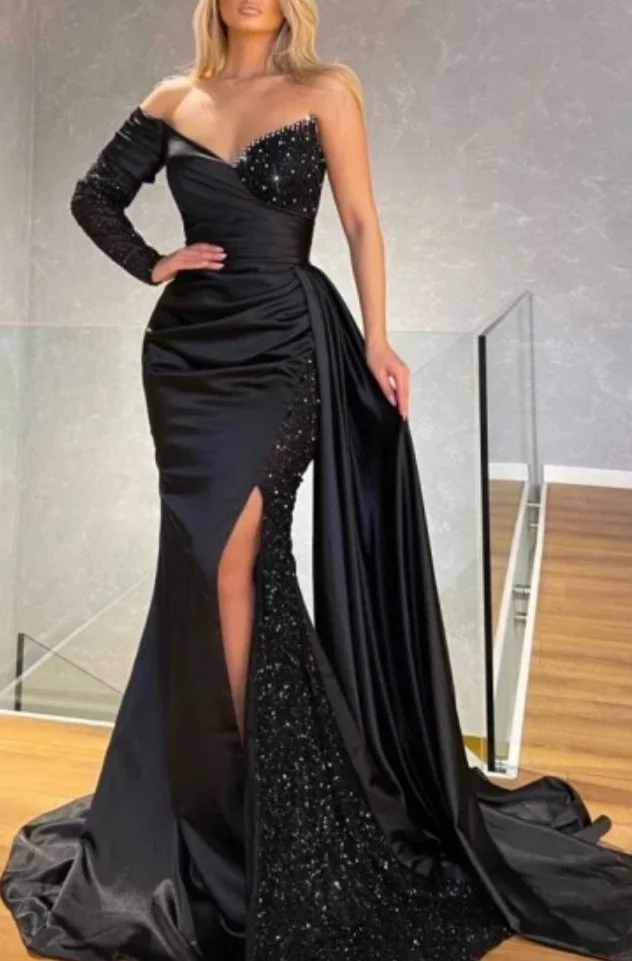 Black Split Mermaid One Shoulder Long Sleeve Prom Dress With Sequins｜Acodress PD0794