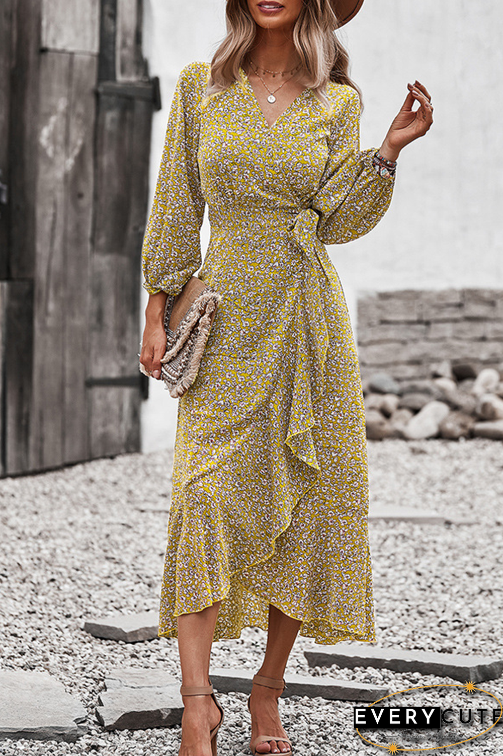 Elegant Floral Flounce Strap Design V Neck A Line Dresses(5 colors)