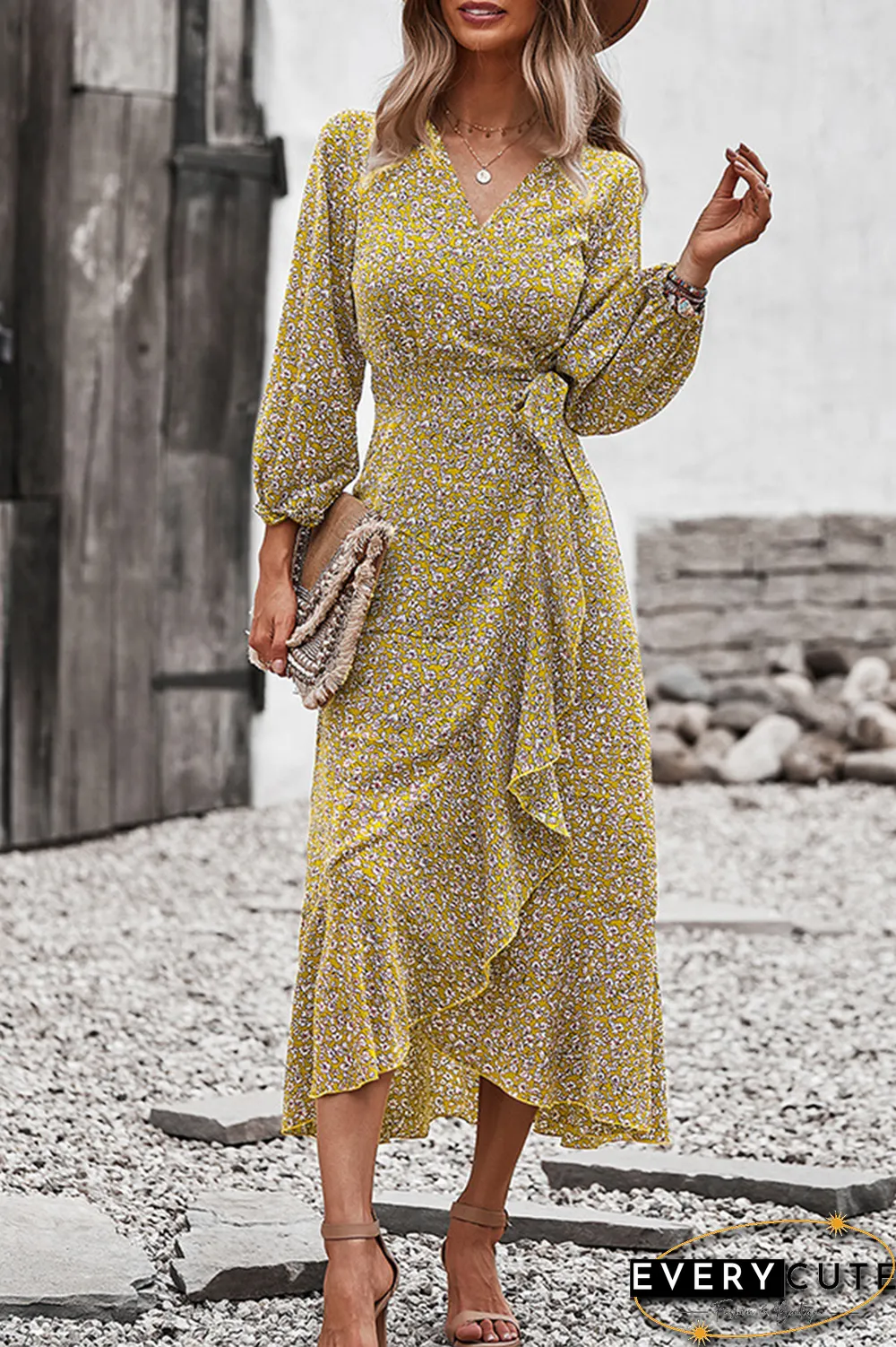 Elegant Floral Flounce Strap Design V Neck A Line Dresses(5 colors)