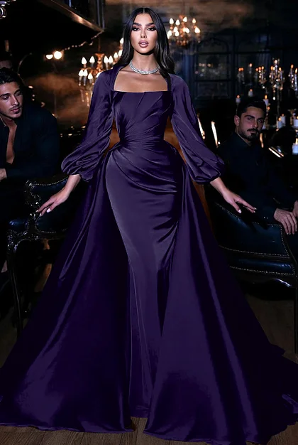 Oknass Square Emerald Long Sleeves Pleated Long Mermaid Prom Dress With Ruffles