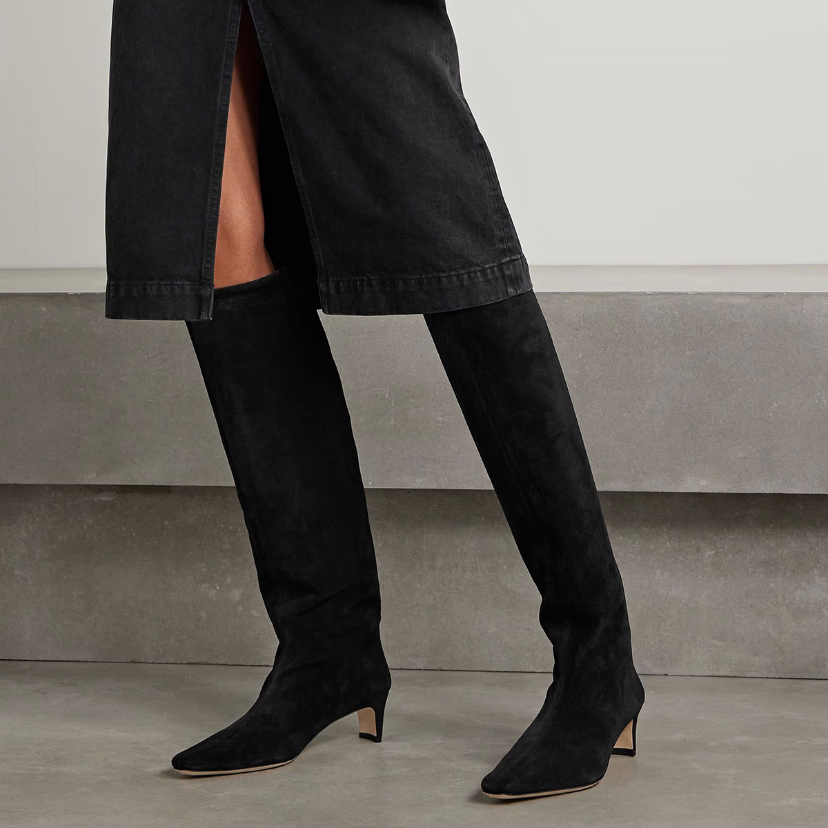 Black Vegan Suede Square Toe Chunky Heel Long Boots for Women Nicepairs