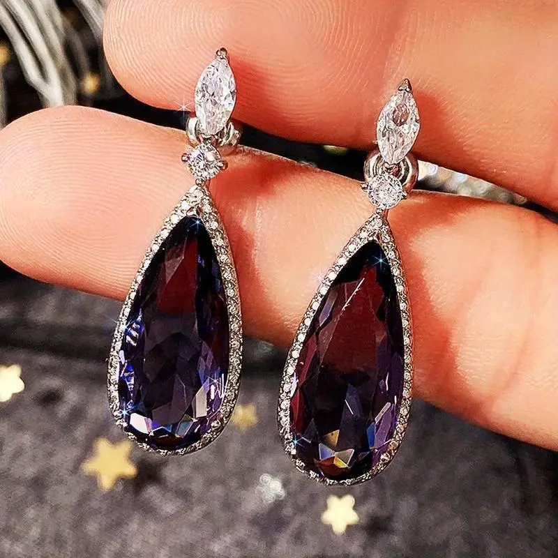 unique purple cubic zirconia earrings for women simple and elegant female earrings engagement wedding jewelry   details 0