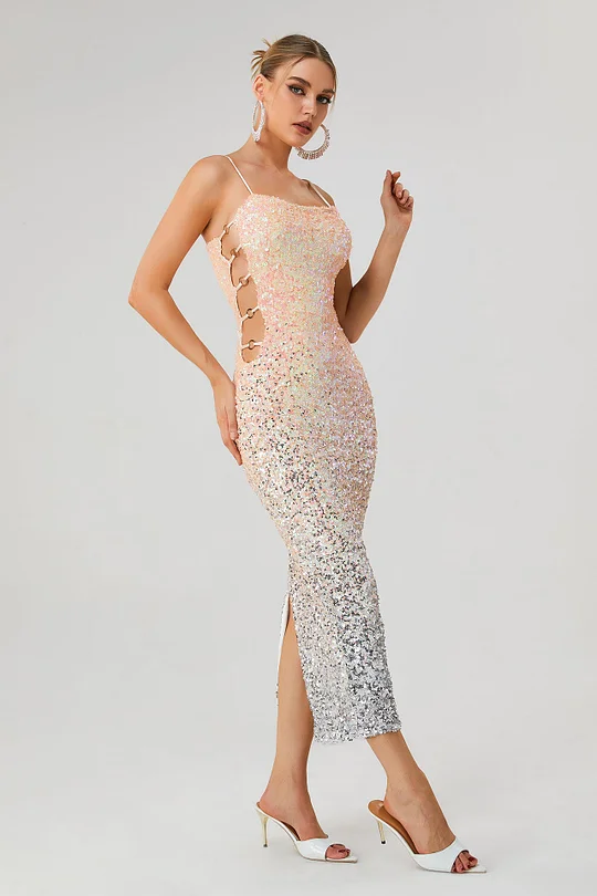 Crazy4Bling She + Sky, Rose Gold Sequin Low Cut V-Neck Maxi Dress