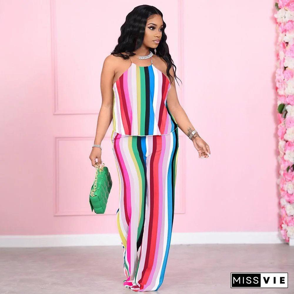 Fashion Color Striped Printing Women Plus Size Halter Sleeveless Crop Tops Loose Pants Summer 2 Piece Set