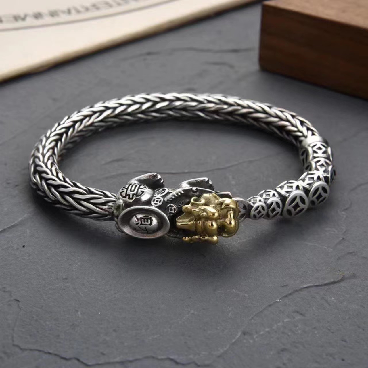 925 Silver Pure Handmade Pixiu Knitting Trendy Male Retro Ethnic Style Bracelet