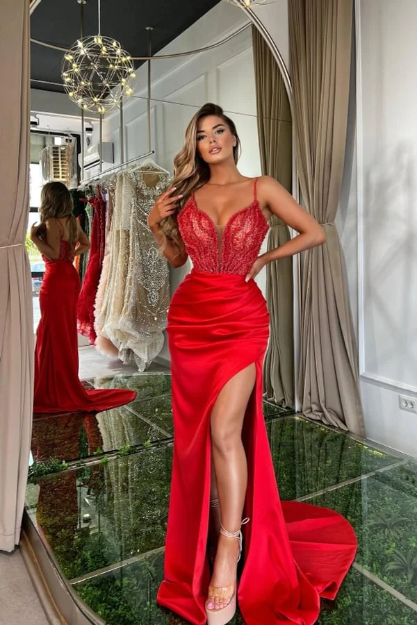 Stunning Red V-neck Sequins Sleeveless Split Prom Dress｜Acodress MM0069