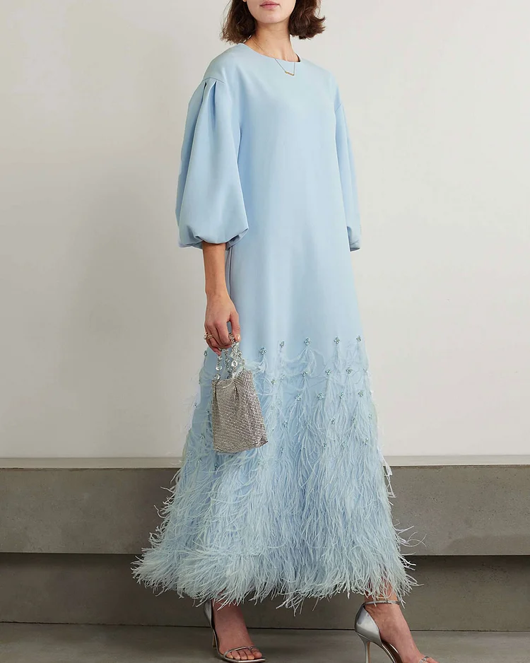 Feather-Trimmed Embellished Recycled-Crepe Gown