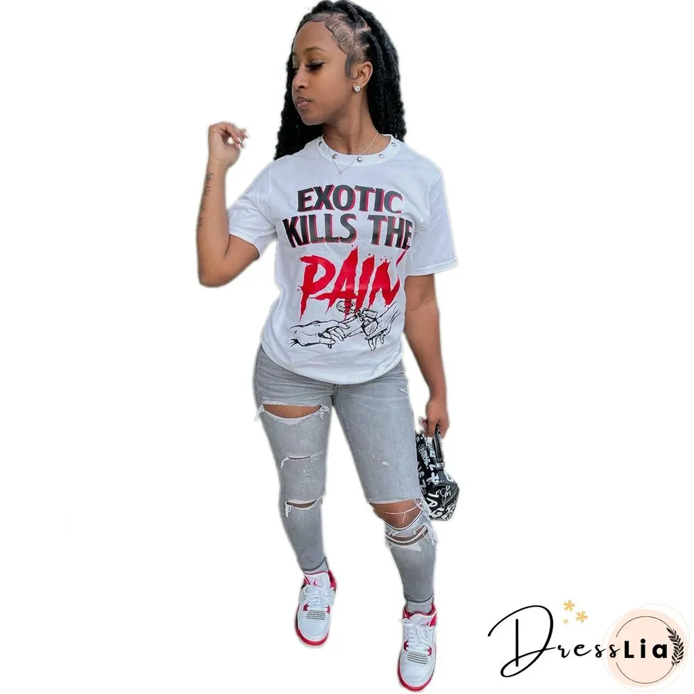 Plus Size Summer Casual Streetwear Pattern Print Short Sleeve Round Neck Pullover Cotton Female Slim Fit Vintage T Shirt