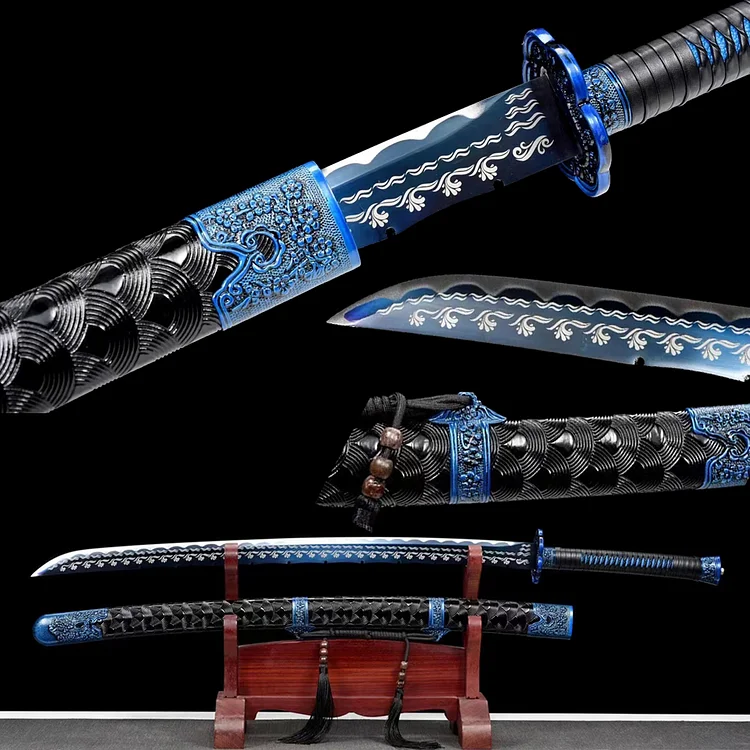 Black solid wood leather scabbard Samurai Sword,Roasted Blue floral print Blade katana,Real Handmade Japanese Swords,Alloy accessory knife