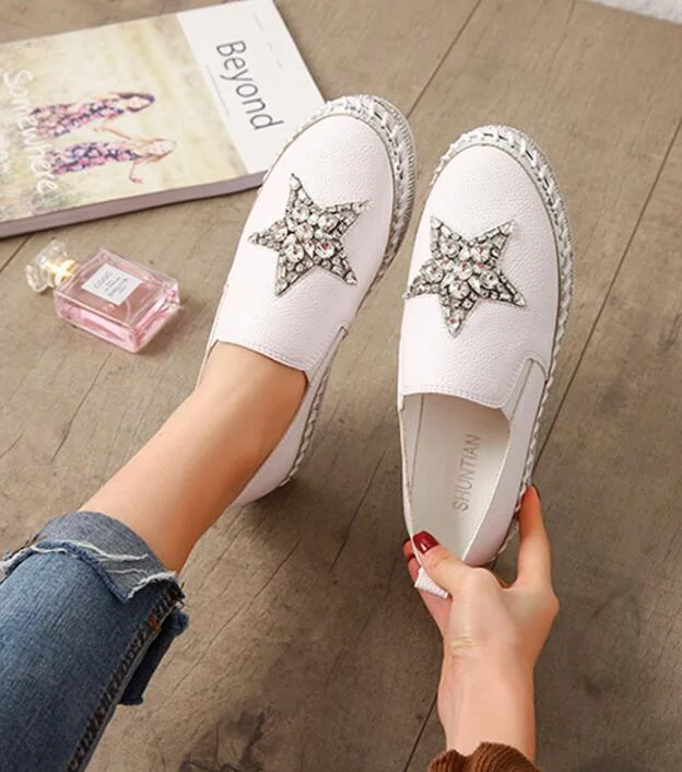 Crystal Small White Leather Shoes Women Tassel Espadrilles Creepers Fishermen Flats Ladies Loafers Handmade Leather Moccasins