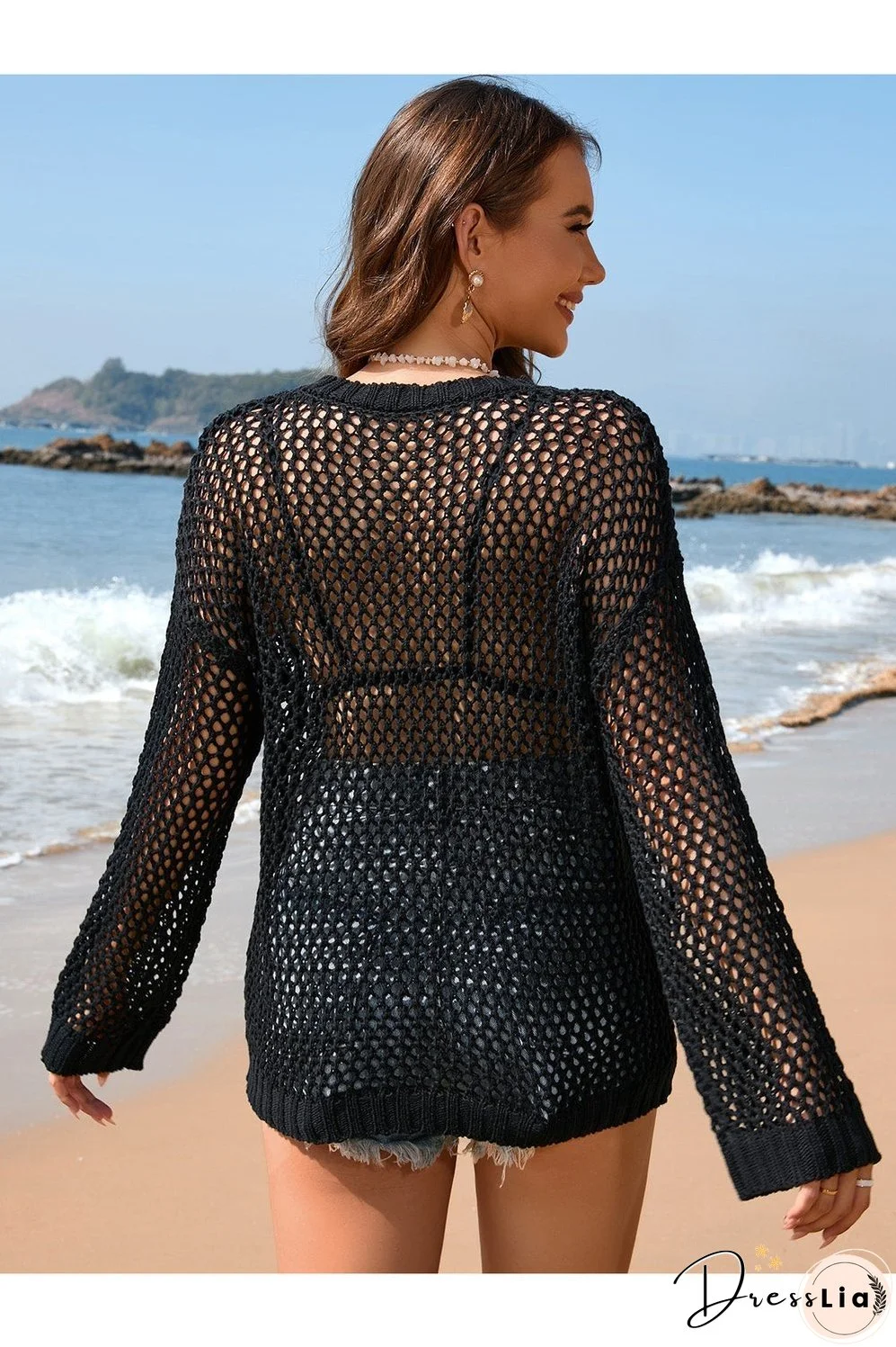 Heart Openwork Long Sleeve Cover-Up