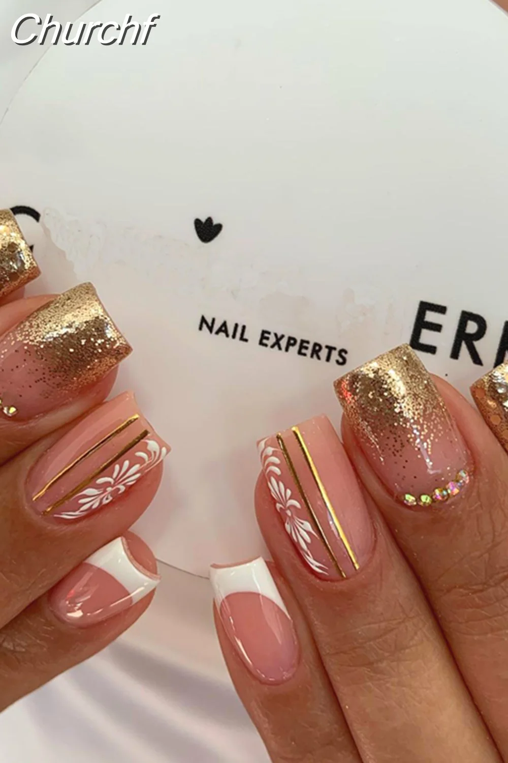 Churchf Drill False Nails Set Simple French Short Square Head Nails Manicure Fashion Full Cover Fake Nail Tips Press on Nails-Nail Inspo