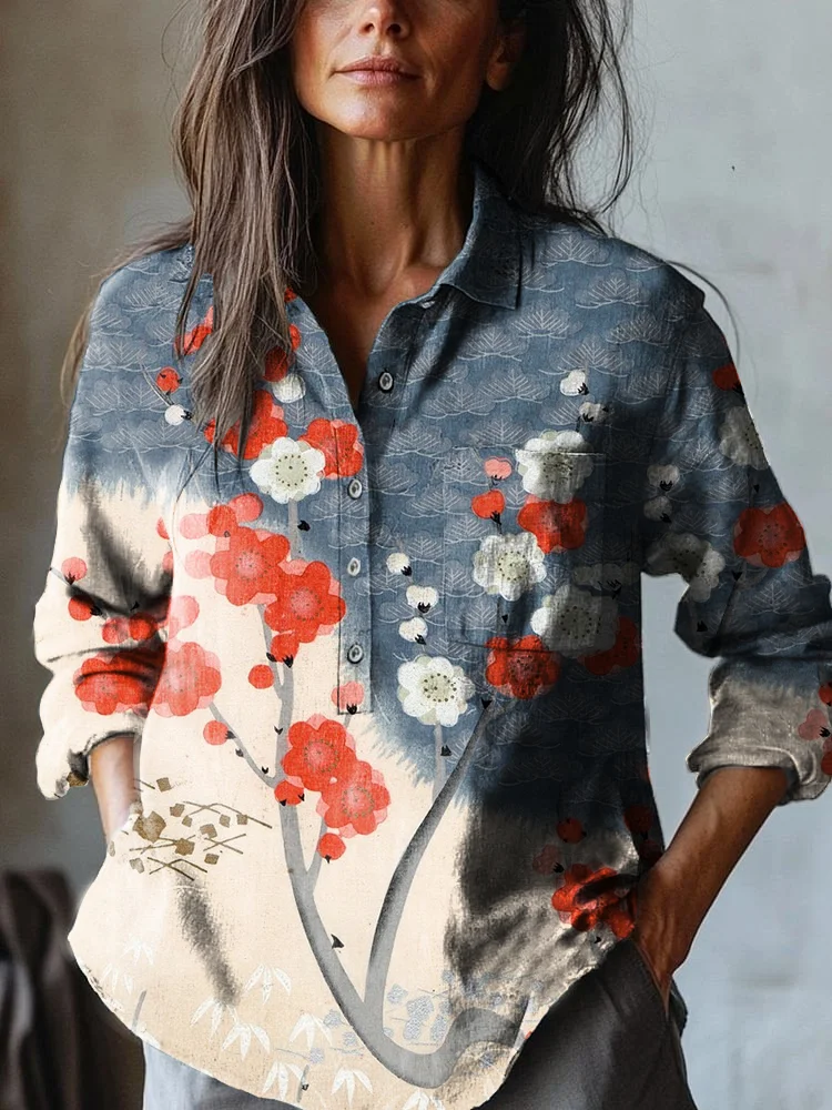 Women's Vintage Floral Art Print Casual Cotton and Linen Shirt