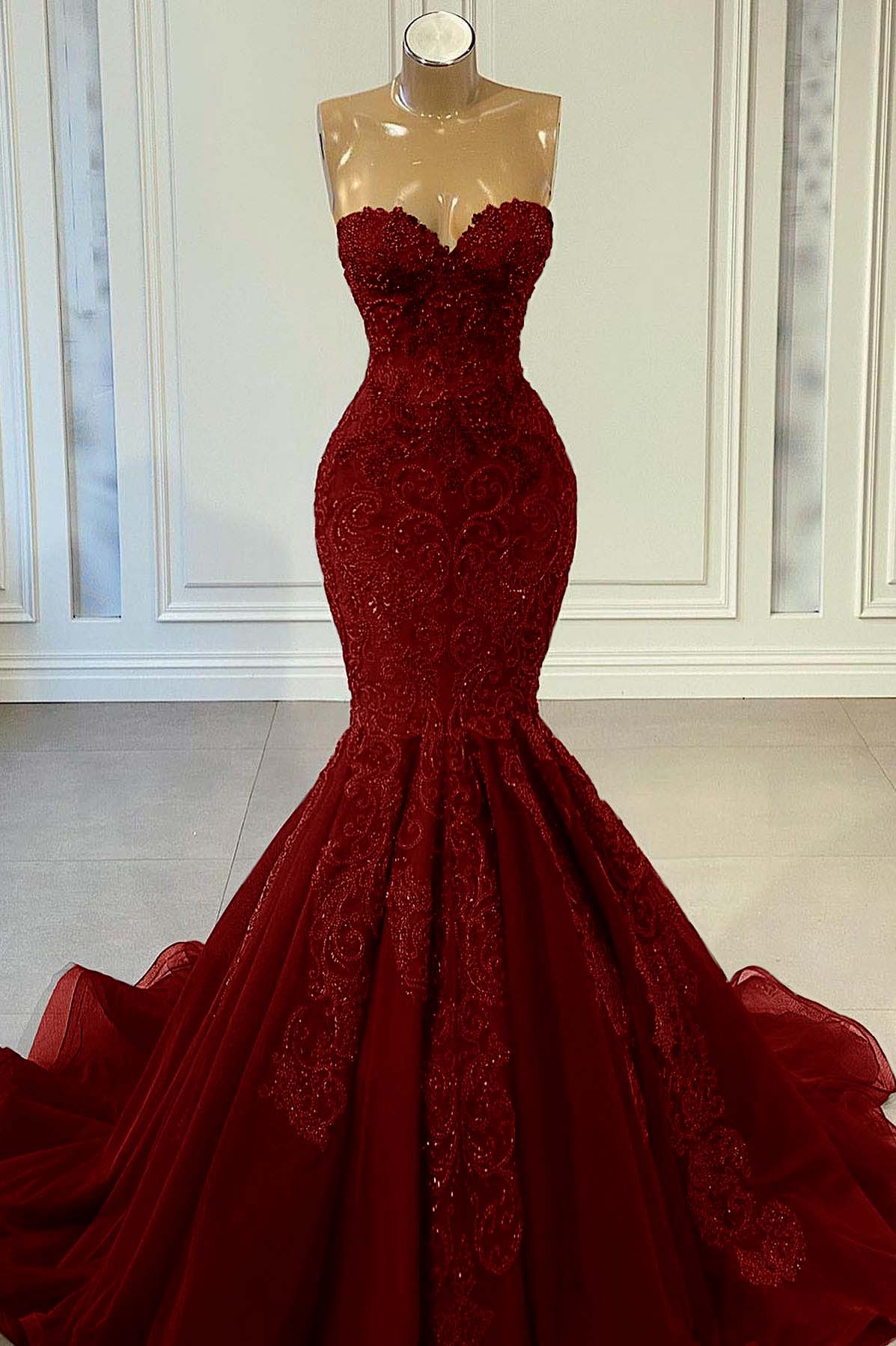 Gorgeous Sweetheart Red Side-cut Mermaid Prom Dress Bubble sleeves main image 1