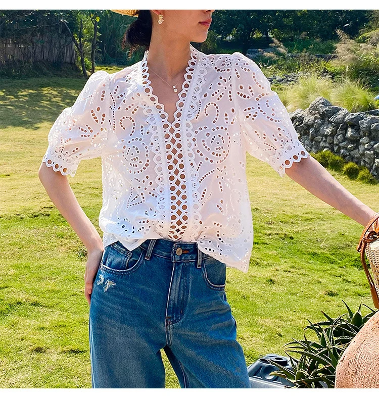 Mongw Mongw Spring And Summer Cotton Embroidery French White Shirt Women Long Sleeve Design Shirt Women Shenzhen Oil Women's Clothing