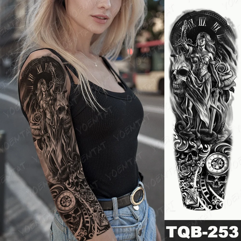 Large Arm Sleeve Tattoo Lion Cross Prayer Waterproof Temporary Tatto Sticker Tiger Beach Compass Body Art Full Fake Tatoo Men