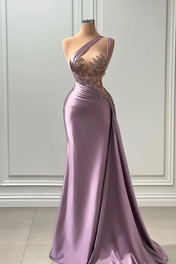 Purple Long Prom Dress Sleeveless Strapless with Pleated Beadings  ED0581