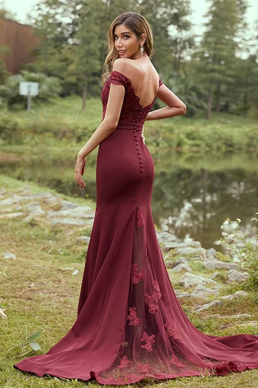 Burgundy Mermaid Off-the-Shoulder Lace – Mridiya Bridesmaid Dress PD0274