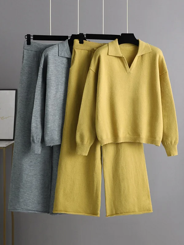 Urban Chic: Long-Sleeved Solid Color Polo Sweater Tops & Wide Leg Pants ...
