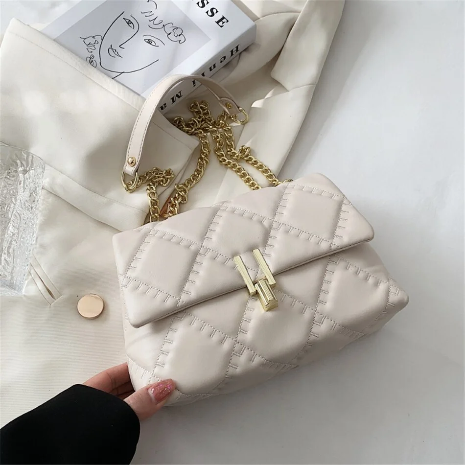Mongw Brand Women's Messenger Bag Designer Quilted Lingge PU Leather Shoulder Bags for Women Fashion Chains Purses and Handbags