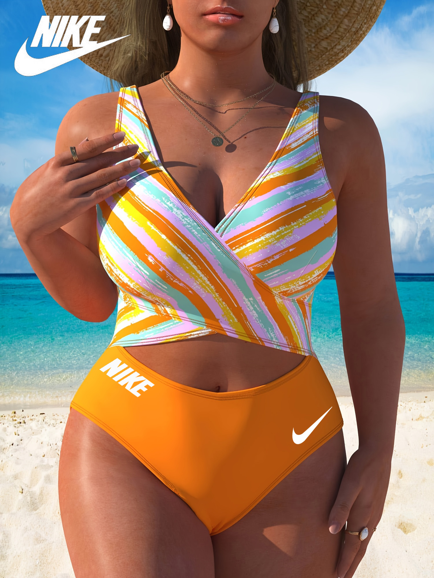 Fato de banho de uma peça com estampado listrado profundo na frente e decote em V