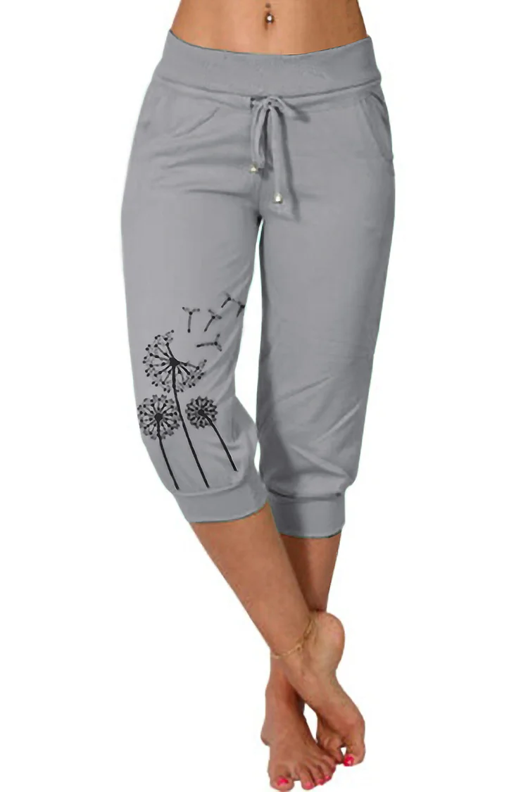 Flycurvy Plus Size Casual Grey Dandelion Print Pocket Lace-Up Capris Pants  Flycurvy [product_label]