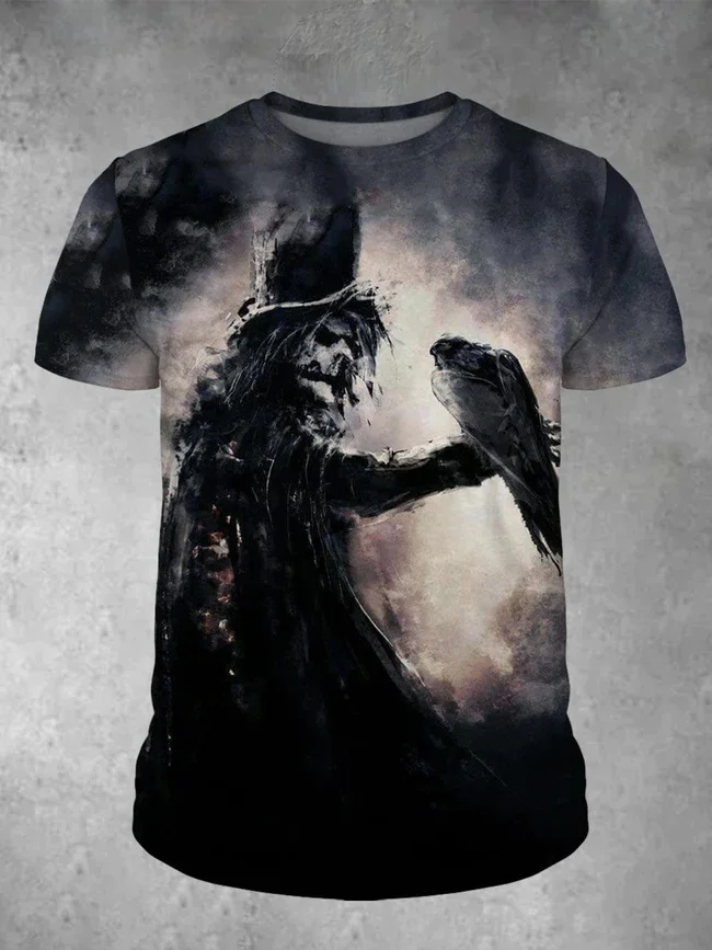 Men's Halloween Skull Crow Graphic Print Crew Neck T-Shirt