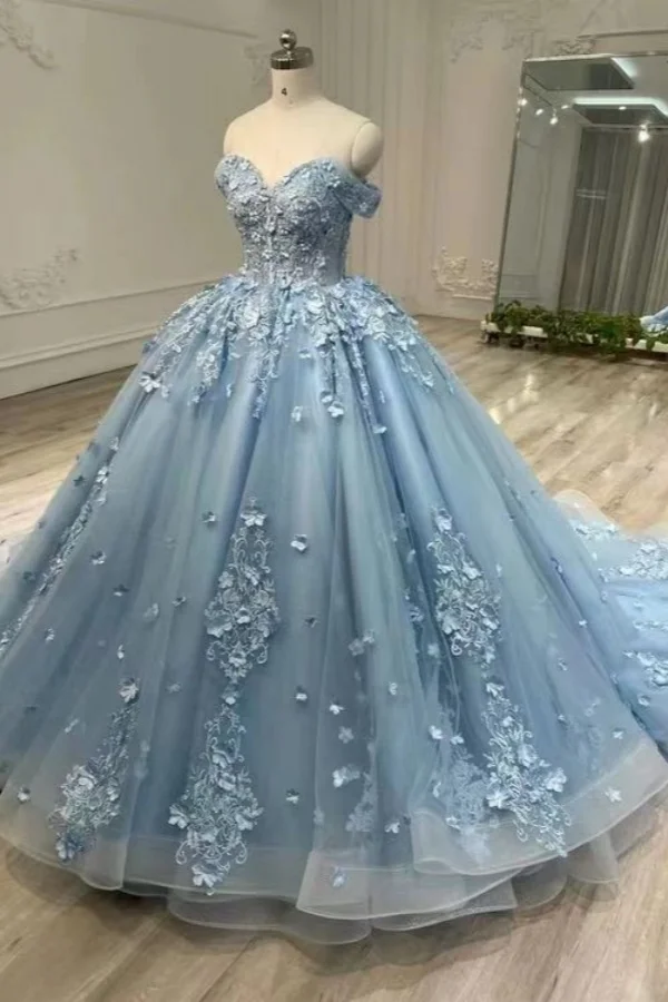 Elegant Blue Strapless Evening Dress Applique Tulle Ball Gown WW0059