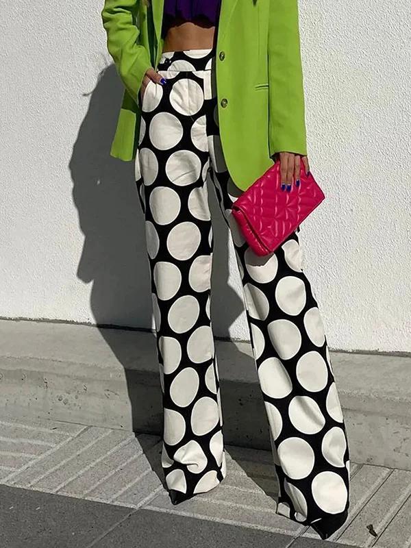 Original Contrast Color Polka-Dot Printed Wide Leg Pants