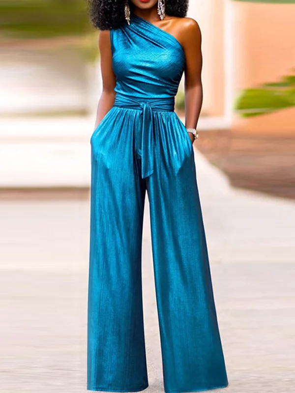 Elegant High-Waisted Wide Leg One-Shoulder Jumpsuits in Solid Color