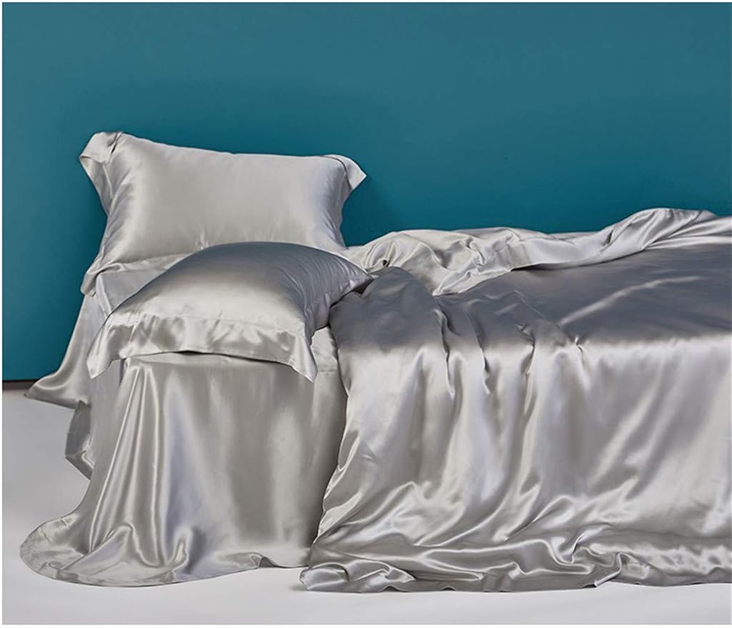Luxury Royal 100% Ropa de Cama de Seda de Cuatro Piezas, 2 Fundas de Almohada de Seda, 1 Funda nórdica de Seda, 1 sábana de Seda Alabaster