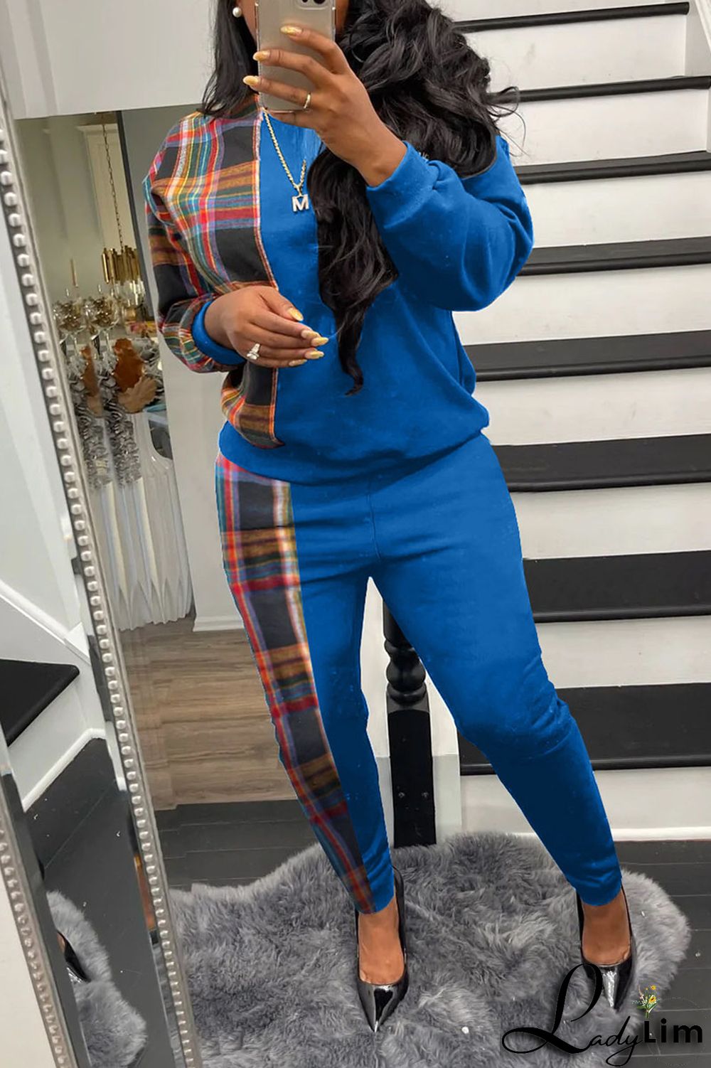 Grey Casual Plaid Print Patchwork O Neck Long Sleeve Two Pieces