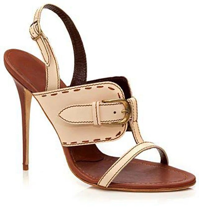 VCSHOES Woman Sewed Leather Buckle T-Strap Sandals Gladiator Back Strap Thin High Heels Peep Toe Mixed Color Party Sandals