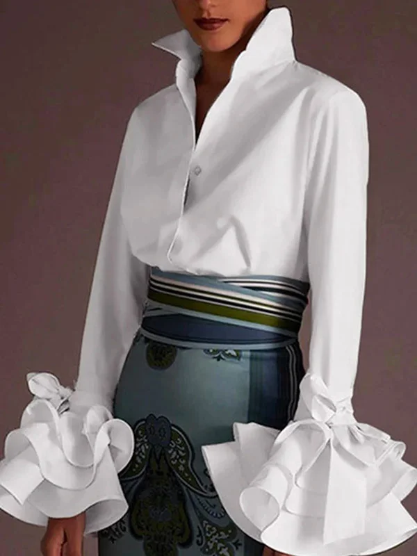 Flared Sleeves Bow-Embellished Falbala Solid Color Lapel Blouses&Shirts Tops
