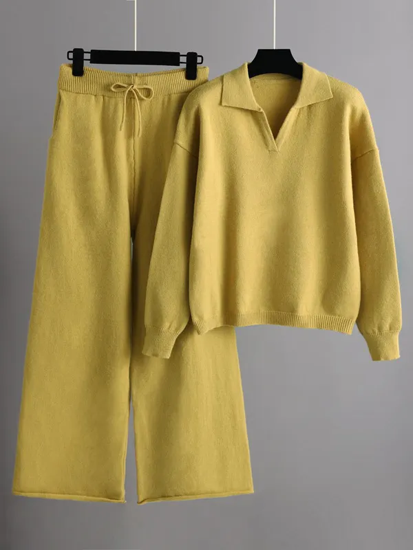 Polo Collar Short Top High Waist Wide Leg Trouser Set. main image 0