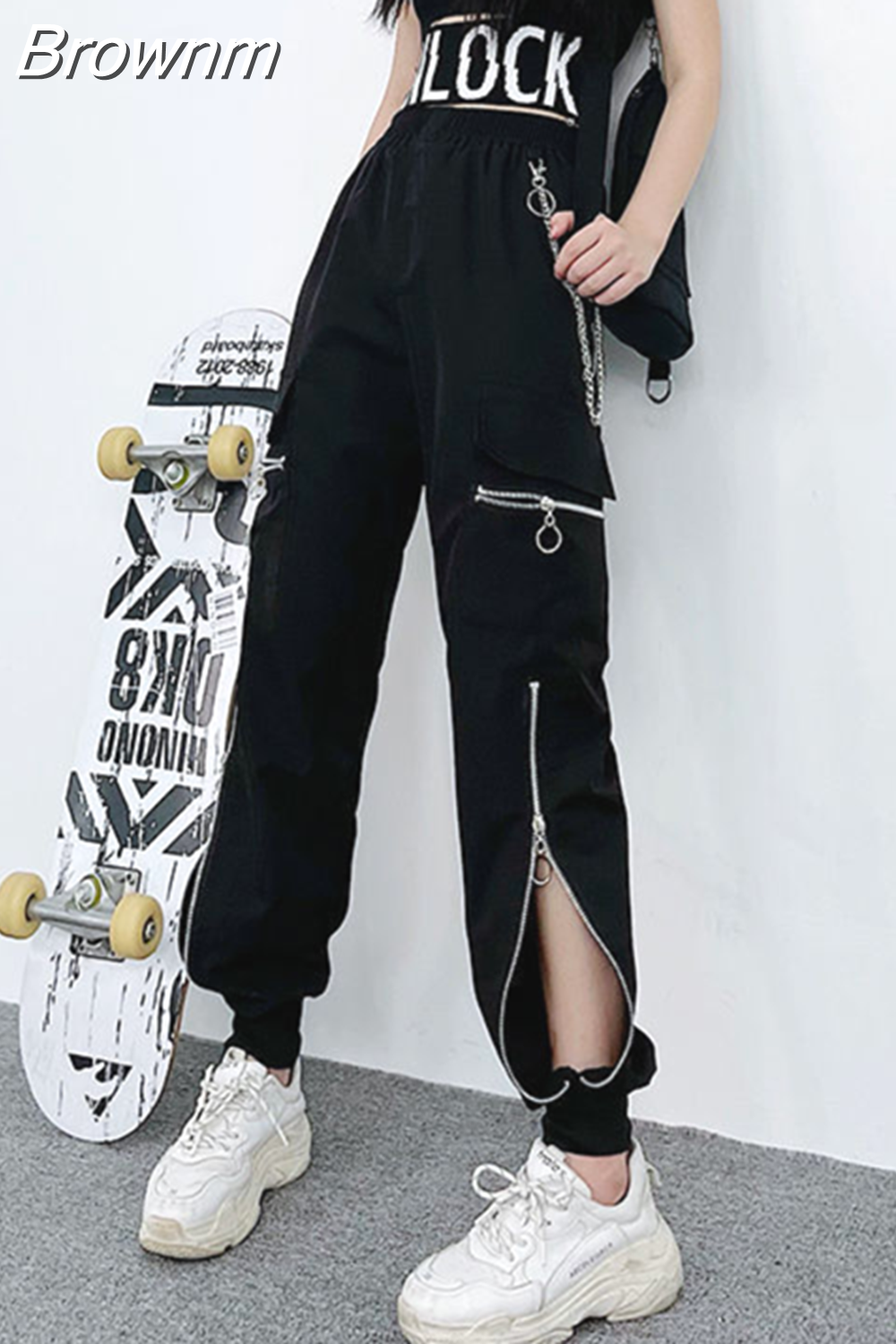 Brownm Ribbon Cargo Pants Women Plus Size Joggers Sweatpants Femme Zippers Design Casual Pants High Waist Black Leisure