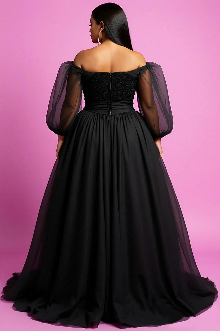 Xpluswear Design Plus Size Wedding Black Off The Shoulder Puff Sleeve Long Sleeve See Through Elegant Tulle Maxi Dresses [Pre-Order]