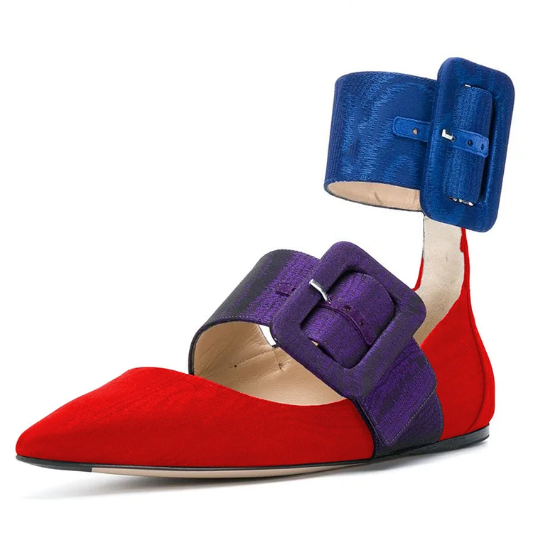 Red and Blue Purple Buckles Ankle Strap Comfortable Flats |FSJ Shoes