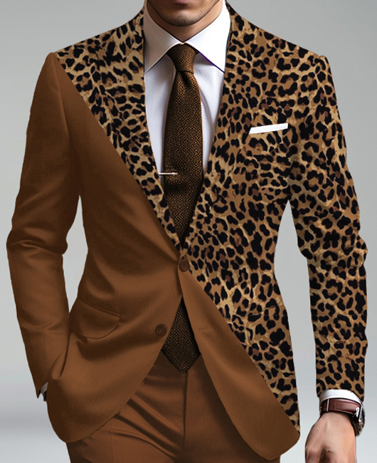 Business Patchwork Leopard Print Peaked Lapel Two Button Blazer