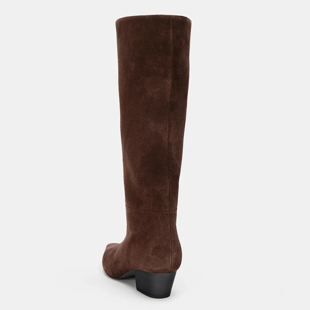 Brown Pointed Toe Block Heel Pull On Knee High Boots for Women