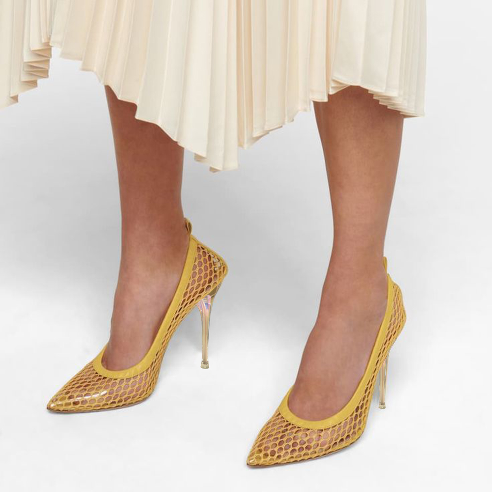 Yellow Mesh Closed Pointed Toe 4'' Stiletto Heel Pumps for Women Nicepairs