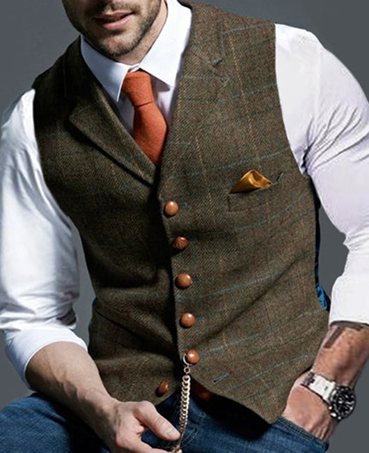 Men Lapel Collar Plaid Buttoned Waistcoat