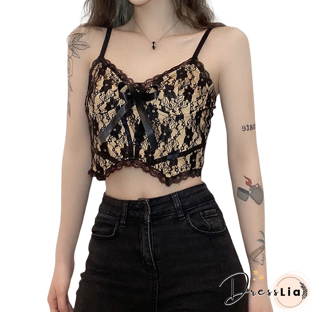 Womens Sexy Floral Lace Camisole Sleeveless Spaghetti Strap V Neck Crop Cami Tops With Bow