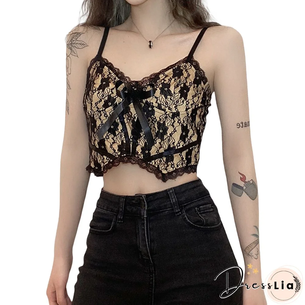 Womens Sexy Floral Lace Camisole Sleeveless Spaghetti Strap V Neck Crop Cami Tops With Bow