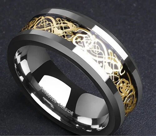 6MM 8MM Women or Men's Silver Celtic Dragon Knot Tungsten Rings with Silver and Yellow Gold Resin Inlay